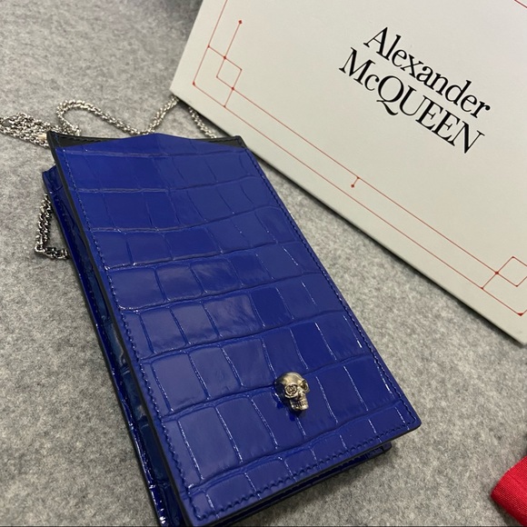 SOLD NWT $690 Alexander McQueen Skull Croc Leather Phone Bag Royal Blue - Picture 13 of 16
